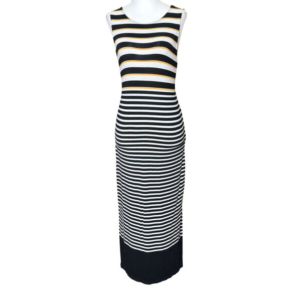 Loft Womens Size XS Striped Maxi Dress Black Yellow White Summer Beach Stretch - Picture 2 of 8